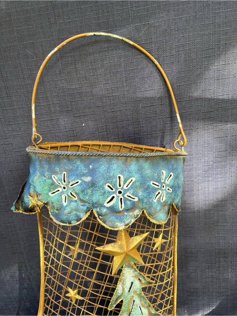 Gold and Teal Metal Christmas Stocking Wall Hanging - Unbranded